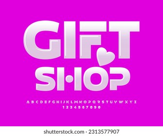 Vector modern Signboard Gift Shop. White Stylish Font. Glossy Alphabet Letters, Numbers and Symbols set