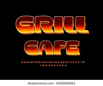 Vector modern signboard Grill Cafe. Bright Burning Font. Creative fire texture Alphabet Letters and Numbers.