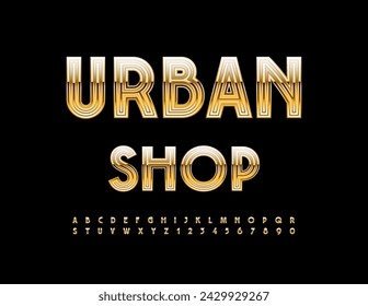 Vector modern Signboard Urban Shop. Stylish Gold Font. Trendy Premium Alphabet Letters and Numbers set.