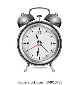 Vector modern silver metallic alarm clock isolated on white background