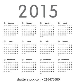 Vector modern and simple calendar 2015 with moon phases, well arranged, in grey.  Eps 10 vector file. 