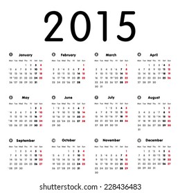 Vector modern and simple calendar 2015 with moon phases, well arranged, in grey, black and red. Eps 10 vector file. 