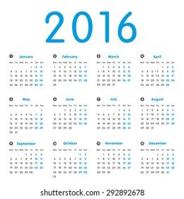 Vector modern and simple calendar 2016 with moon phases, well arranged, in grey, blue. Eps 10 vector file. 