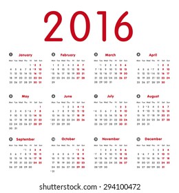 Vector modern and simple calendar 2016 with moon phases, well ar ranged, in grey and red. Eps 10 vector file. 