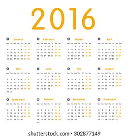 Vector modern and simple calendar 2016 with moon phases, well arranged. Eps 10 vector file. 