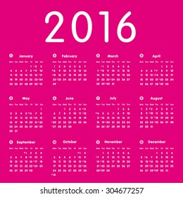 Vector modern and simple calendar 2016 with moon phases, well arranged. Eps 10 vector file. 