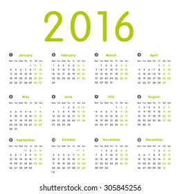 Vector modern and simple calendar 2016 with moon phases, well arranged, in grey, green. Eps 10 vector file. 