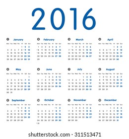 Vector modern and simple calendar 2016 with moon phases, well arranged, in grey, blue. Eps 10 vector file. 