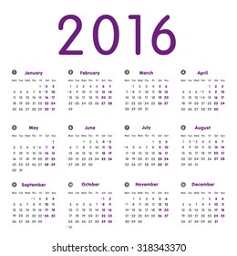 Vector modern and simple calendar 2016 with moon phases, well arranged, in grey, purple. Eps 10 vector file. 