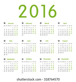 Vector modern and simple calendar 2016 with moon phases, well arranged, in grey, green. Eps 10 vector file. 