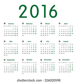 Vector modern and simple calendar 2016 with moon phases, well arranged, in grey, green. Eps 10 vector file. 