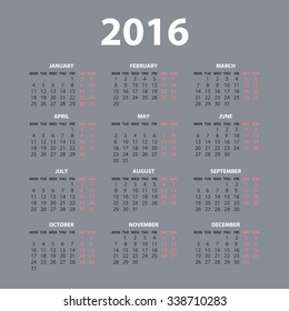 Vector modern and simple calendar 2016 with moon phases, well arranged, in grey, blue. Eps 10 vector file. art