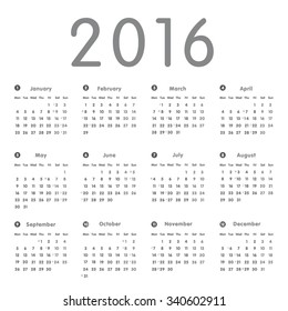 Vector modern and simple calendar 2016 with moon phases, well arranged. Eps 10 vector file. 