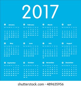 Vector modern and simple calendar 2017, well arranged, blue background. Eps 10 vector file.