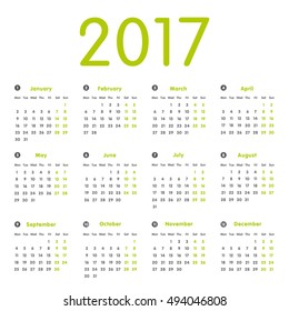 Vector modern and simple calendar 2017, well arranged, in grey and green. Eps 10 vector file.