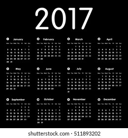 Vector modern and simple calendar 2017, well arranged, white and grey texts on black background. Eps 10 vector file.