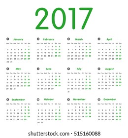 Vector modern and simple calendar 2017, well arranged, in grey, green. Eps 10 vector file.
