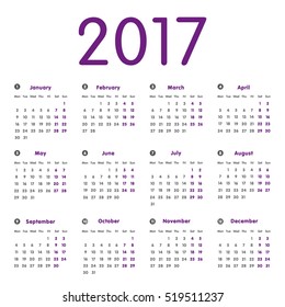 Vector modern and simple calendar 2017, well arranged, in grey, purple. Eps 10 vector file.