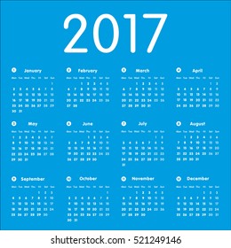 Vector modern and simple calendar 2017, well arranged, blue background. Text white and light blue. Eps 10 vector file.