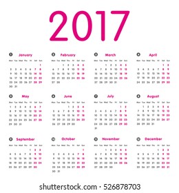 Vector modern and simple calendar 2017, well arranged, in grey, pink. Eps 10 vector file.