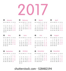 Vector modern and simple calendar 2017, well arranged, in grey, light pink. Eps 10 vector file.