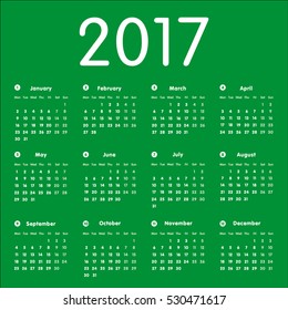 Vector modern and simple calendar 2017, well arranged, green background. Eps 10 vector file.