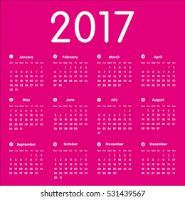 Vector modern and simple calendar 2017, well arranged, pinkbackground. Eps 10 vector file.