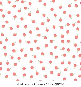 Vector modern simple fruit seamless pattern. Irregular composition of colorful red strawberry isolated on white background. Design repeate tile for decorative texture, textile, backdrop, paper