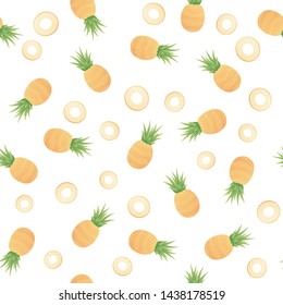 Vector modern simple fruit seamless pattern. Irregular composition of colorful pineapple slices isolated on white background. Design repeate tile for decorative texture, textile, backdrop, paper