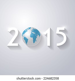 Vector Modern  simple Happy new year 2015 and 3d world map wallpaper with a long shadow effect .Vector/illustration.