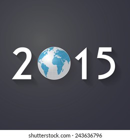 Vector Modern simple Happy new year 2015 and 3d world map wallpaper with a long shadow effect .Vector/illustration.