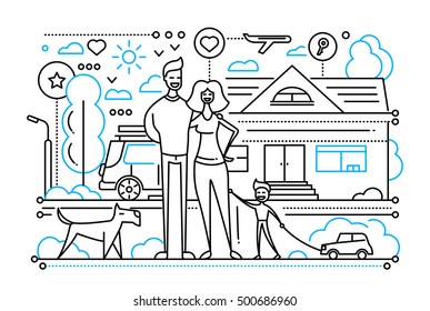 Vector Modern Simple Line Flat Design City Composition With A Happy Family