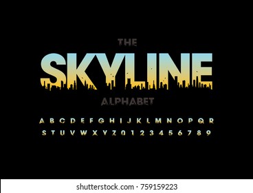 Vector of modern skyline font and alphabet