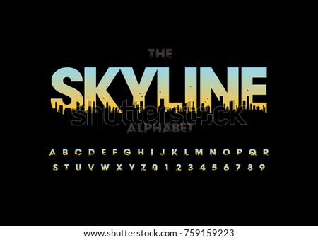 Vector of modern skyline font and alphabet