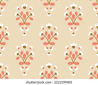 Vector Modern Slavic Folk inspired Florals on Beige pattern background. Perfect for fabric, scrapbooking and interior design projects.