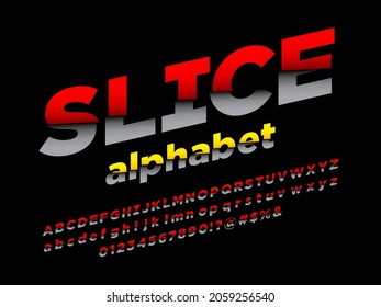 Vector of modern sliced style alphabet design with uppercase, lowercase, numbers and symbols