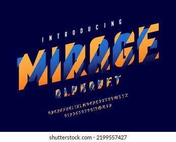 Vector of modern sliced style alphabet design with uppercase, numbers and symbols