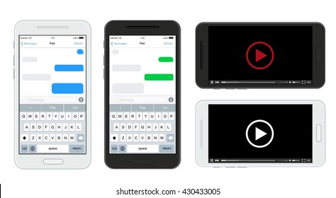 Vector modern smartphones set isolated on white background. Text message and video player. Eps10