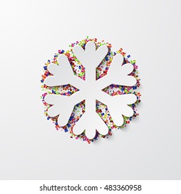 Vector modern snowflake with confetti on white background