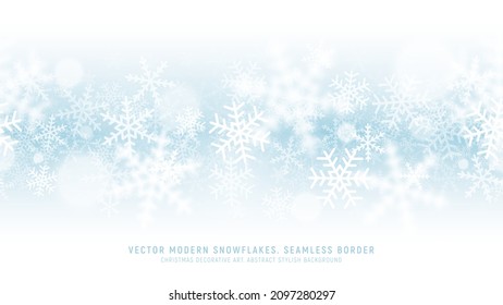 Vector Modern Snowflakes Seamless Border Vector Light Blue Abstract Background. Winter Decoration Soft Elegant Snow Endless Pattern Wide Wallpaper. Christmastime Noel And New Year Eve Art Illustration