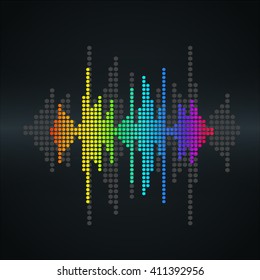 Vector modern sound wave. Halftone square vector elements. Music polygons waveform background. You can use in club, radio, pub, party, concerts, recitals or the audio technology background.