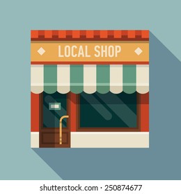 Vector Modern Square  Flat Design Web Icon On Local Shop, Long Shadow Effect