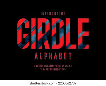 Vector of modern stripe style alphabet design with uppercase, numbers and symbols