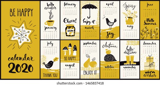 Vector modern style 2020 year calendar with hand drawn monthly symbols and cool calligraphy in gold color