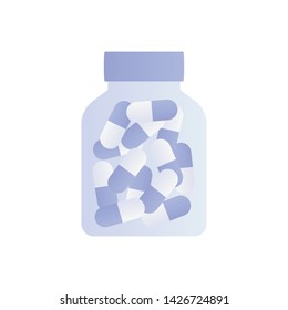 Vector modern style bottle of pill symbol. Blue gradient bottle of pills isolated on white background. Design element for banner, poster, presentation, web.