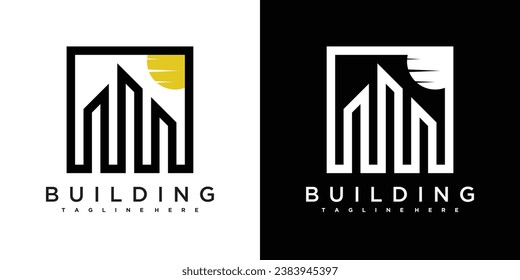 Vector modern style building logo with sun. Premium Vector