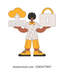 Vector modern style character cloud storage and padlock.