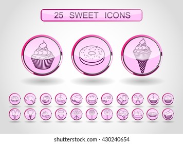 Vector modern style line icons set of 25 candy products and candy. Icons set dessert. Donut, cake, cookies, pretzels and rolls, pancakes, buns, ice cream