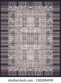 Vector modern style traditional paisley motifs with lines, and stripes carpet, rug, covering   pattern design