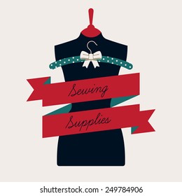 Vector modern stylish web banner or wall art printable poster on sewing supplies shop with lady sewing mannequin, silk hanger and ribbon with sample title text